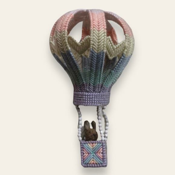 Vintage Needlepoint Handmade Bunny Rabbit in Pastel Air Balloon Fiber Art Easter - Picture 1 of 14